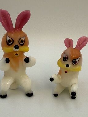 Vintage Pink-Eared Glass Bunny Figurines - Pair